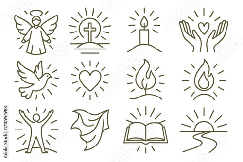Holy Light Icons. Line style icons of holy light and joy: angel in light, sun over cross, candle on hill, soft glow; hands lifted,