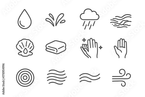 Purity Icon Set. Line style icons of purity and cleansing: droplet, water splash, rain, clear stream; shell with water, folded
