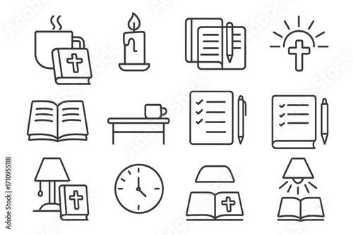 Spiritual Icons Collection. Line style icons of daily spiritual life: coffee and bible, candle and journal, morning sun and cross,