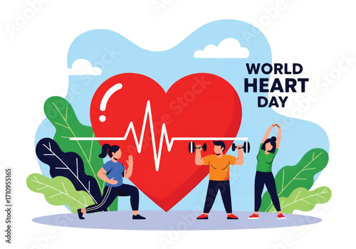 Flat illustration of people exercising with weights, running, and stretching around a giant heart, celebrating World Heart Day and promoting fitness, prevention, and cardiovascular health