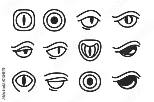 Snake Eye Variations. Line style icons of snake eye variations: vertical slit eye, round python eye, sleepy boa eye, intense viper