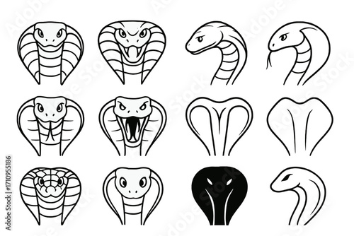 Cobra Icon Designs. Line style icons of cobra head designs: hooded cobra, flared hood face, side profile cobra, frontal cobra;