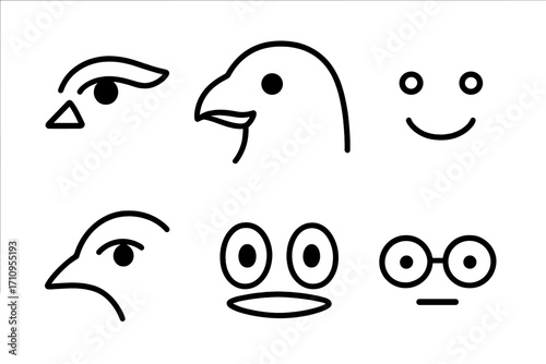Line Art Bird Faces. Line style icons of eyes and beaks only: bird eye with brow, small beak triangle, curved upper bill, double