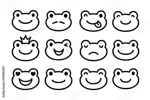 Cute Frog Faces. Line style icons of cute frog faces: smiling frog, wide-eyed frog, frog with tongue, blushing frog; frog with
