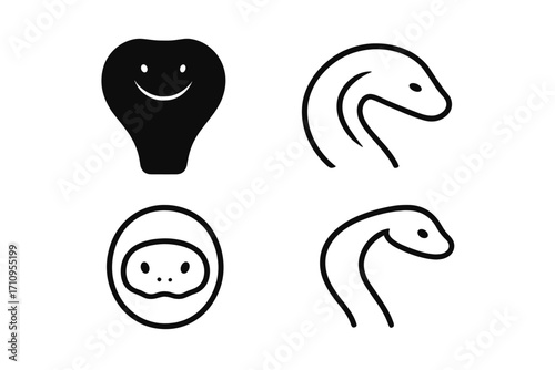 Snake Silhouette Icons. Line style icons of snake head silhouettes: full black cobra head, shaded viper shape, round python