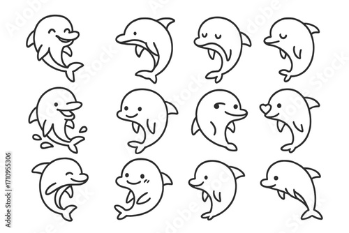 Dolphin Icon Expressions. Line style icons of dolphin expressions: happy dolphin, leaping dolphin, baby dolphin, dolphin with