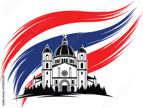 Cathedral silhouette illustration, national flag brush strokes, cultural heritage vector, patriotic architecture art, black and white church design,