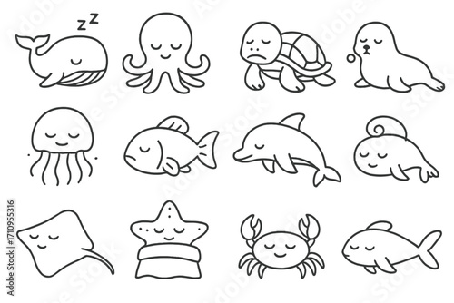 Sleepy Sea Icons. Line style icons of sleepy marine animals: whale with Zzz, octopus with closed eyes, turtle with droop face,