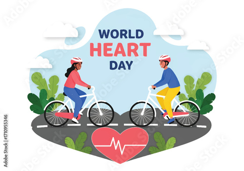 Flat illustration of cyclists riding on a heart-shaped road, celebrating World Heart Day and promoting cardiovascular health, fitness, exercise, and an active lifestyle for wellness and prevention