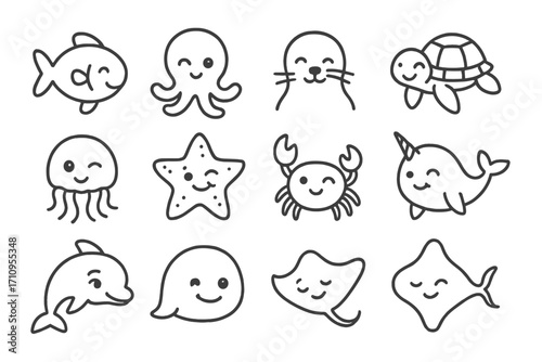 Winking Ocean Icons. Line style icons of ocean animal winks: winking fish, octopus with one eye closed, seal with wink, turtle