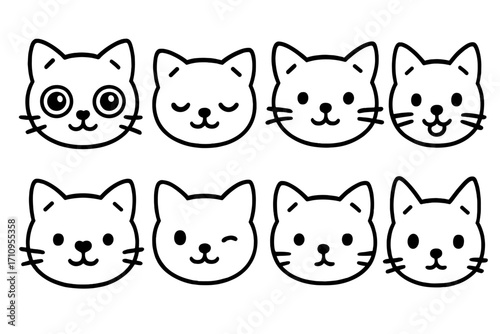 Cute Cat Icons. Line style icons of cute cat faces: wide-eyed kitten, sleepy cat, cat with whiskers, cat with tongue out; cat with