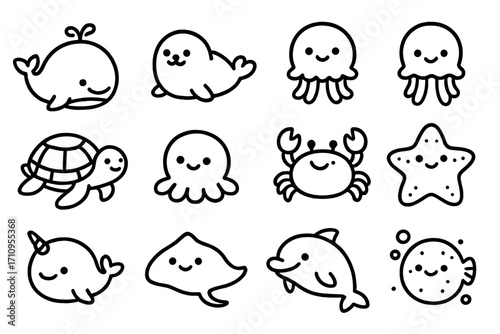 Chubby Sea Icons. Line style icons of chubby sea animals: round whale, plump seal, puffed fish, bubble body jellyfish; wide turtle