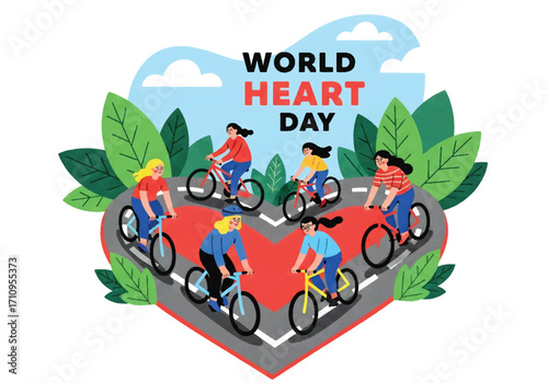 Flat illustration of cyclists riding on a heart-shaped road, celebrating World Heart Day and promoting cardiovascular health, fitness, exercise, and an active lifestyle for wellness and prevention