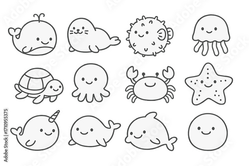 Chubby Sea Icons. Line style icons of chubby sea animals: round whale, plump seal, puffed fish, bubble body jellyfish; wide turtle