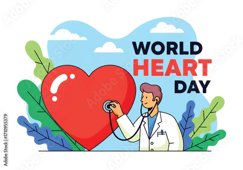 Flat illustration of a doctor using a stethoscope to check a giant heart, celebrating World Heart Day and promoting cardiovascular health, prevention, and medical care