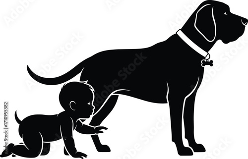 Baby crawling silhouette, dog companion vector, black and white pet illustration, child and animal interaction, innocence and friendship artwork, minimal design