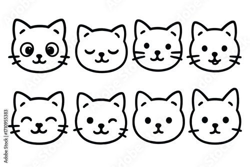 Cute Cat Icons. Line style icons of cute cat faces: wide-eyed kitten, sleepy cat, cat with whiskers, cat with tongue out; cat with