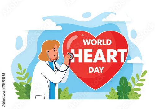 Flat illustration of a doctor using a stethoscope to check a giant heart, celebrating World Heart Day and promoting cardiovascular health, prevention, and medical care