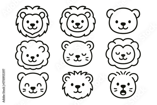 Cute Lion Icon Collection. Line style icons of cute lion faces: lion with mane, smiling lion, baby lion, lion with whiskers; soft