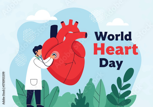 Flat illustration of a doctor using a stethoscope to check a giant heart, celebrating World Heart Day and promoting cardiovascular health, prevention, and medical care