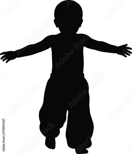 Toddler silhouette vector, child walking pose, black and white illustration, minimal design, outstretched arms artwork, youth movement sketch, baby stance figure