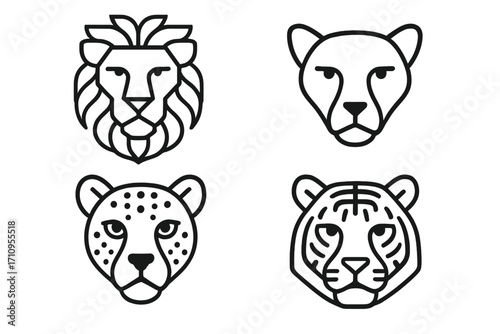 Stylized Feline Icons. Line style icons of stylized cat heads: geometric lion face, minimal panther, abstract cheetah, block-style