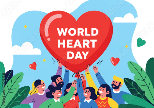 Flat illustration of diverse people holding a giant heart balloon, celebrating World Heart Day and promoting cardiovascular health, wellness, community support, and awareness for a healthy lifestyle