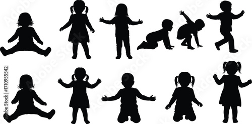 Child silhouette collection, various poses vector, black and white kids art, crawling and standing, minimal youth design, toddler illustration set, artwork compilation