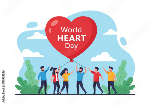Flat illustration of diverse people holding a giant heart balloon, celebrating World Heart Day and promoting cardiovascular health, wellness, community support, and awareness for a healthy lifestyle