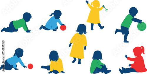 Colorful silhouette vector, child activity poses, primary color kids art, playful pose artwork, toddler playtime image set, developmental illustration design