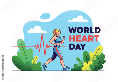 Flat illustration of a woman jogging with a heartbeat line, celebrating World Heart Day and promoting cardiovascular health, fitness, and an active lifestyle for wellness and prevention