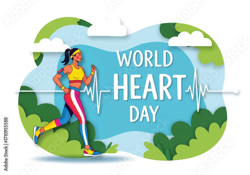 Flat illustration of a woman jogging with a heartbeat line, celebrating World Heart Day and promoting cardiovascular health, fitness, and an active lifestyle for wellness and prevention