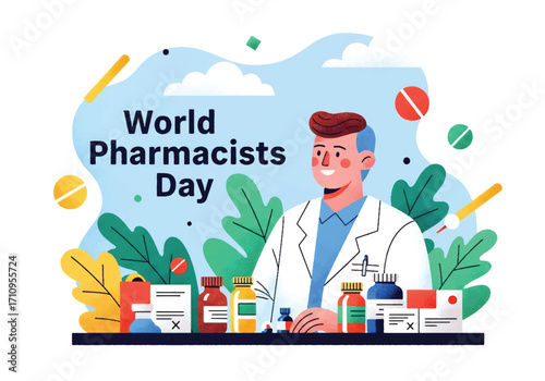 Flat illustration of a smiling pharmacist with medicine bottles and prescriptions on a counter, celebrating World Pharmacists Day and recognizing healthcare, trust, and pharmaceutical services