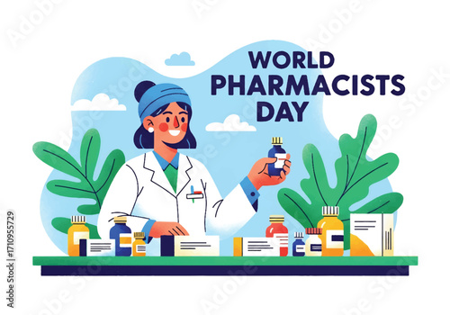 Flat illustration of a smiling pharmacist with medicine bottles and prescriptions on a counter, celebrating World Pharmacists Day and recognizing healthcare, trust, and pharmaceutical services