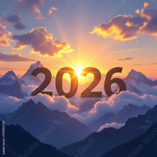 sunset in the mountains, greeteeng card with new year 2026
