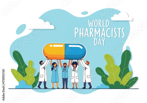 Flat illustration of pharmacists working together holding a giant pill, celebrating World Pharmacists Day and symbolizing teamwork, healthcare, and the importance of medicine in global wellness