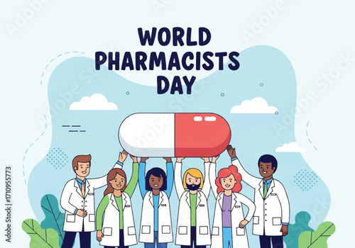 Flat illustration of pharmacists working together holding a giant pill, celebrating World Pharmacists Day and symbolizing teamwork, healthcare, and the importance of medicine in global wellness