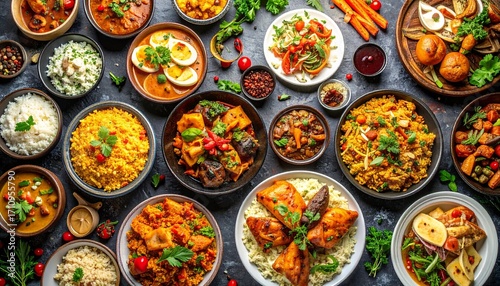 Food perspective variety view arranged large dishes filled international cuisine backgrounds table different overhead cultures