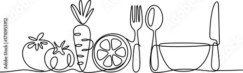 This continuous line art image presents a vertical arrangement of healthy food items—potato, tomato, carrot, and lemon—alongside a fork, spoon, knife, and bowl, all connected by a single, unbroken lin