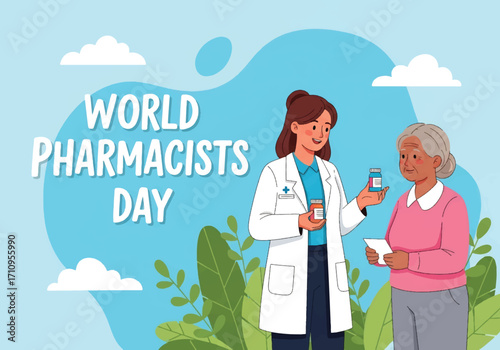 Flat illustration of a pharmacist assisting an elderly with medicine, celebrating World Pharmacists Day and emphasizing healthcare, patient care, trust, and community wellness