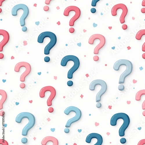 Cute pattern with question marks in pink and blue. Small hearts and dots add to the playful baby shower or gender reveal theme. Simple, bright, and gender-neutral.