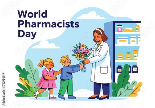 Flat illustration of children giving flowers to a smiling pharmacist at a pharmacy counter, celebrating World Pharmacists Day and showing appreciation for healthcare professionals and medical service
