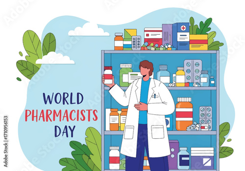 Flat illustration of a pharmacist standing in front of medicine shelves, celebrating World Pharmacists Day and highlighting the role of pharmacy in healthcare, wellness, and patient support