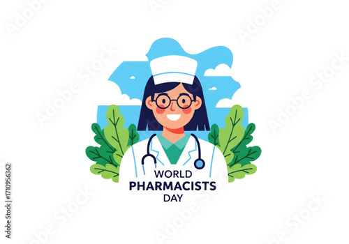 Logo of a smiling pharmacist in a white coat with stethoscope, celebrating World Pharmacists Day and recognizing healthcare, medicine, and the importance of pharmacy professionals