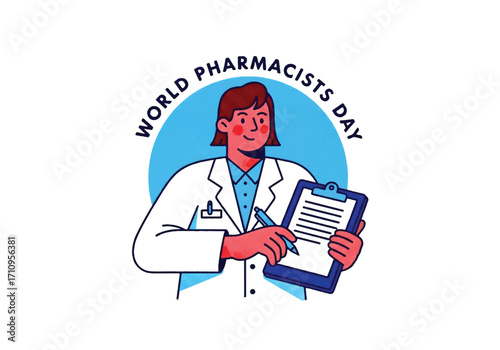 Logo of a smiling pharmacist in a white coat with stethoscope, celebrating World Pharmacists Day and recognizing healthcare, medicine, and the importance of pharmacy professionals