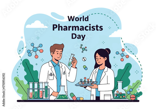 Flat illustration of pharmacists in lab coats working with medicines, pills, and test tubes, celebrating World Pharmacists Day and highlighting healthcare, research, and pharmaceutical innovation