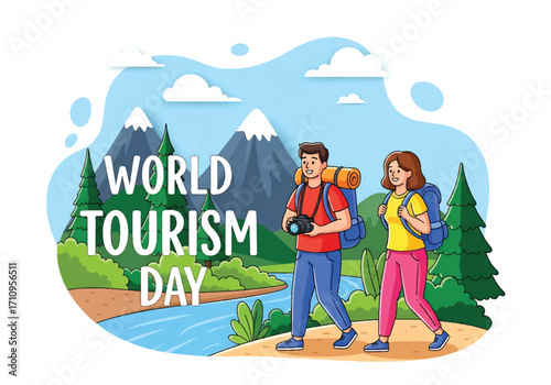 Flat illustration of tourists hiking with backpacks and cameras in the mountains, celebrating World Tourism Day with themes of outdoor adventure, exploration, and eco travel
