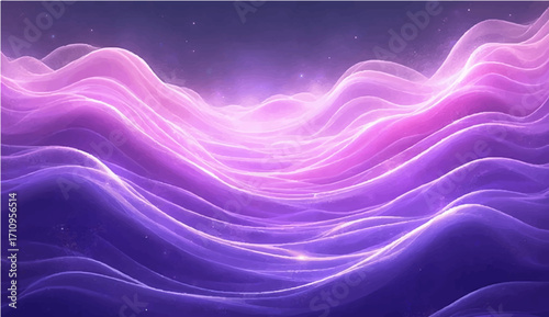 Abstract purple and blue background with hearts and flowing wave design