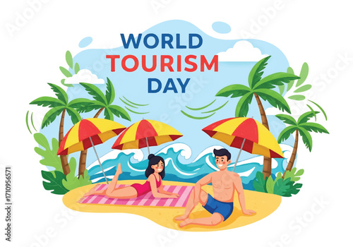 Flat illustration of a couple enjoying a tropical beach with palm trees and umbrellas, celebrating World Tourism Day with themes of summer vacation, leisure, and seaside travel