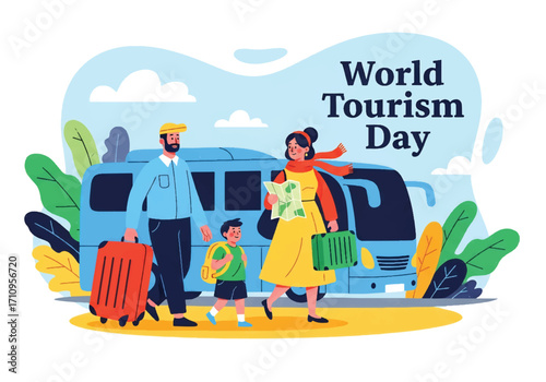 Flat illustration of a family traveling with luggage and a map in front of a bus, celebrating World Tourism Day with themes of journey, vacation, and international adventure